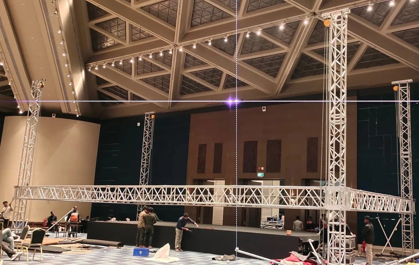 Banquet-hall truss rigging in progress