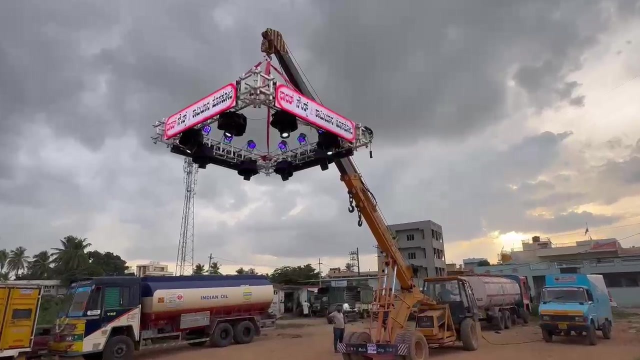 Lighting truss craned into position during the build